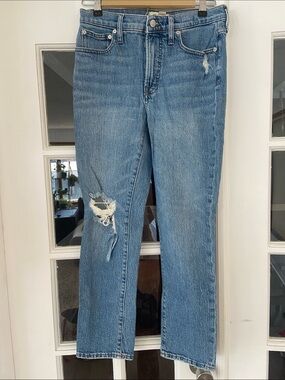 Madewell Mid-Blue Mid-Rise Perfect Vintage Straight-Leg Distressed Jeans
